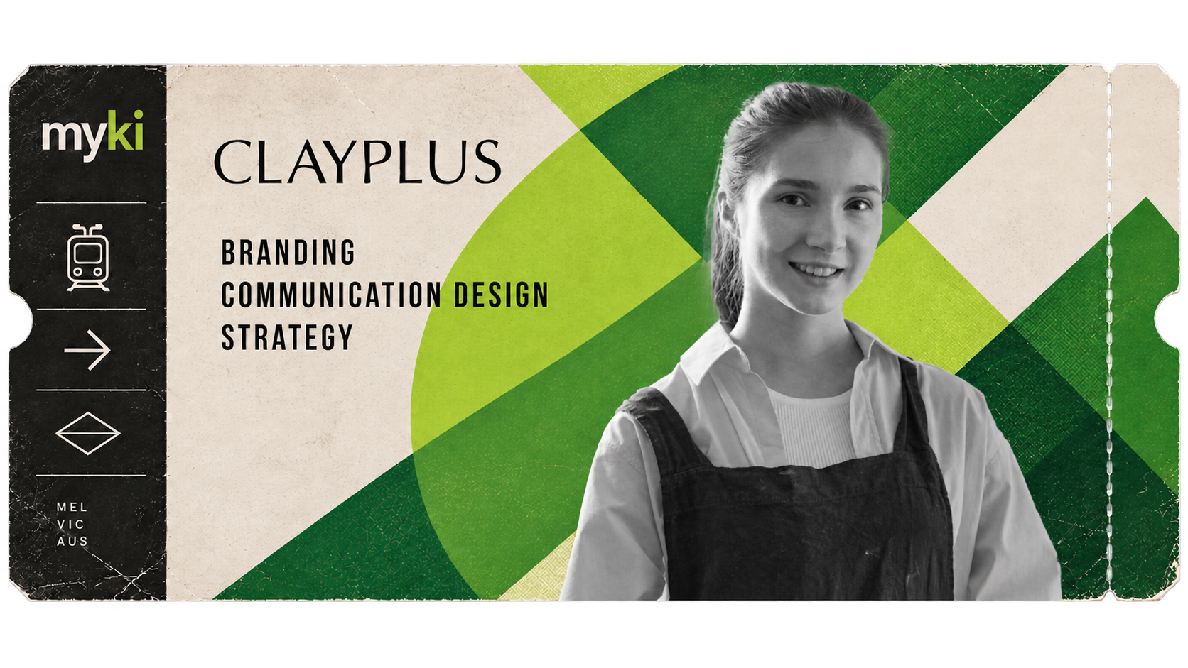 Clayplus branding and communication design on a ticket-shaped campaign artwork