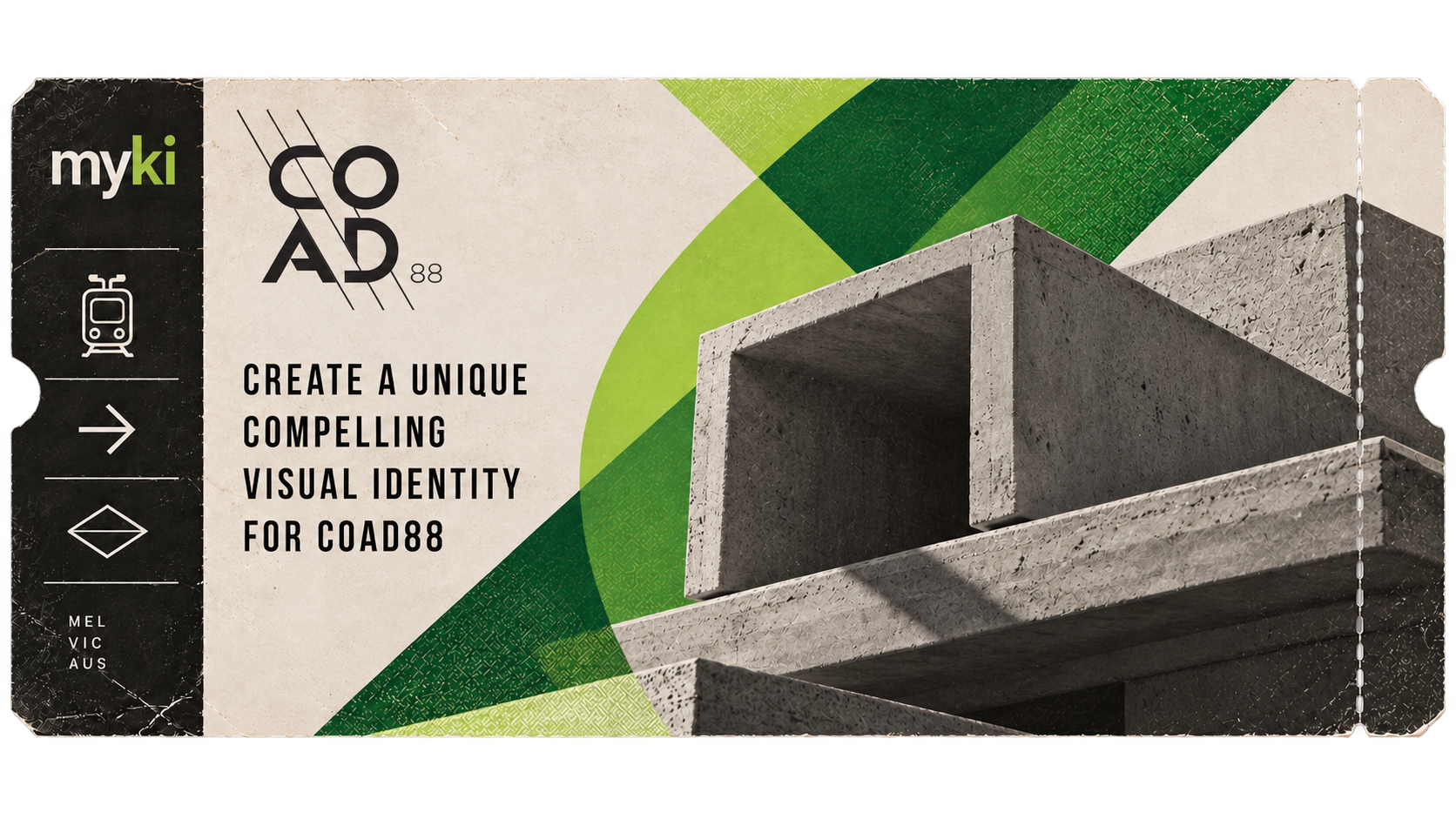 COAD88 brand identity with concrete imagery on a ticket-shaped campaign artwork