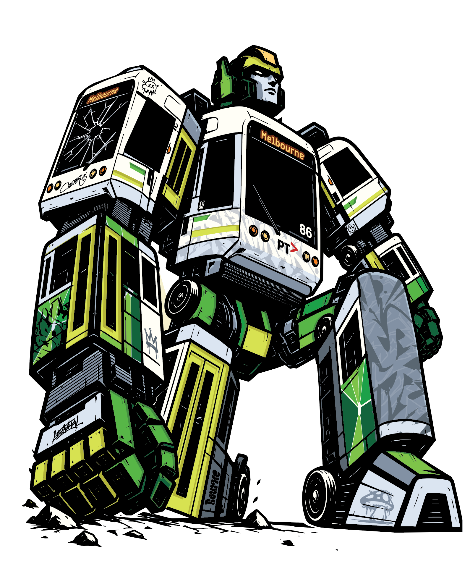 Illustration of Melbourne trams with a character above