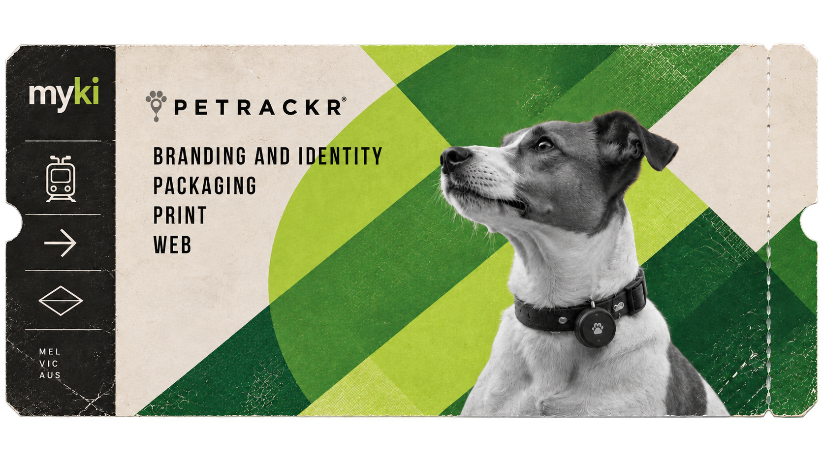 PetTrackr brand identity and tracking collar artwork on a ticket-shaped campaign design