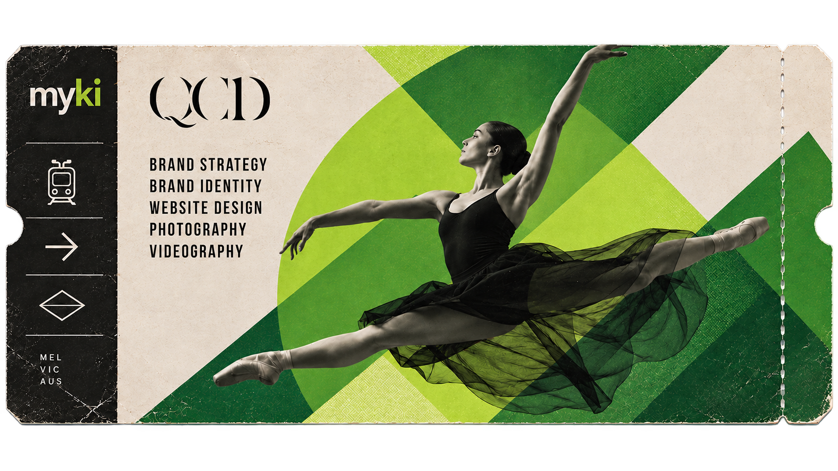 Queensland College of Dance branding with a dancer, QCD monogram and the line ‘Your journey starts here’