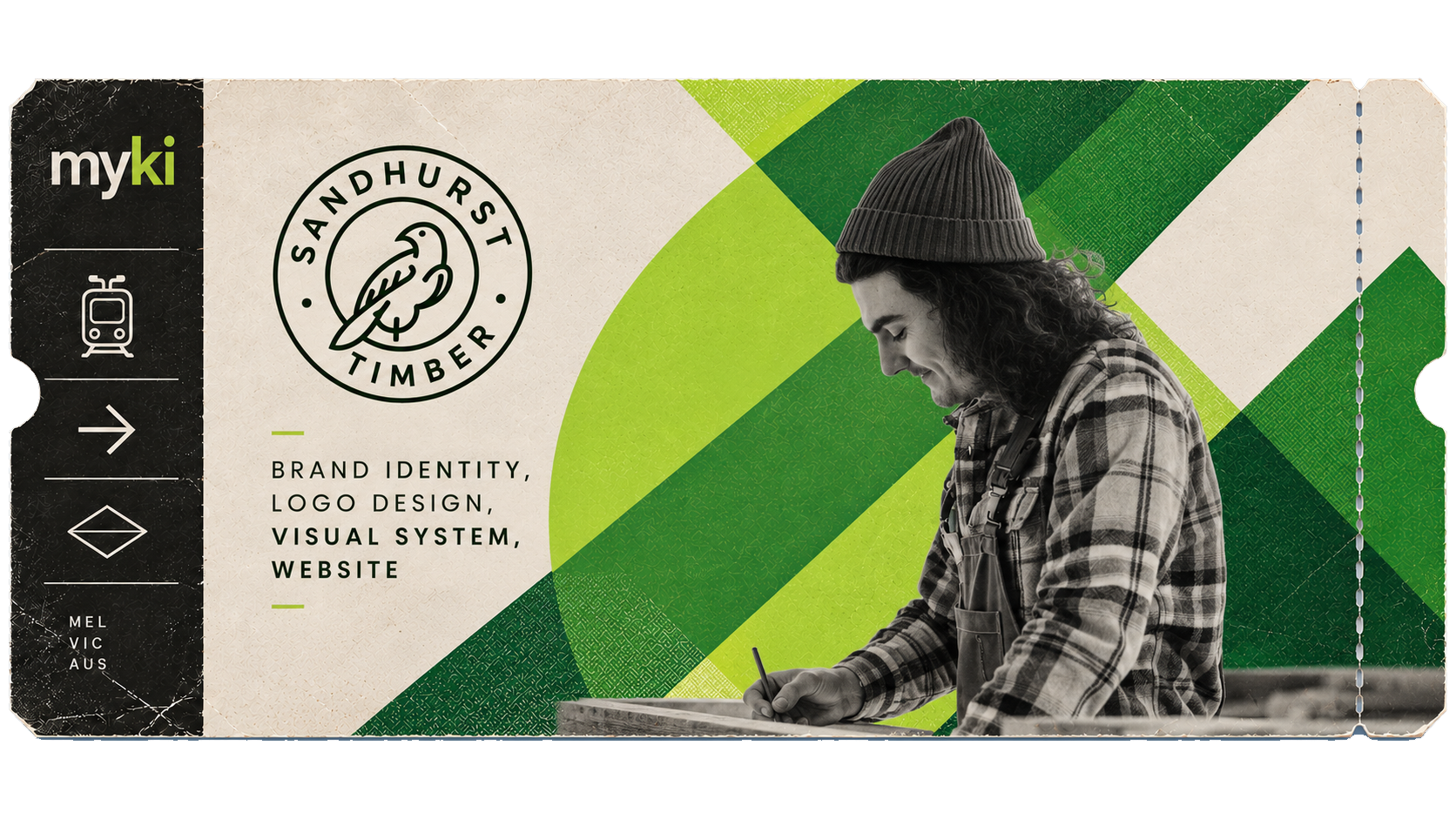 Sandhurst Timber brand identity shown on a tram-ticket-inspired card