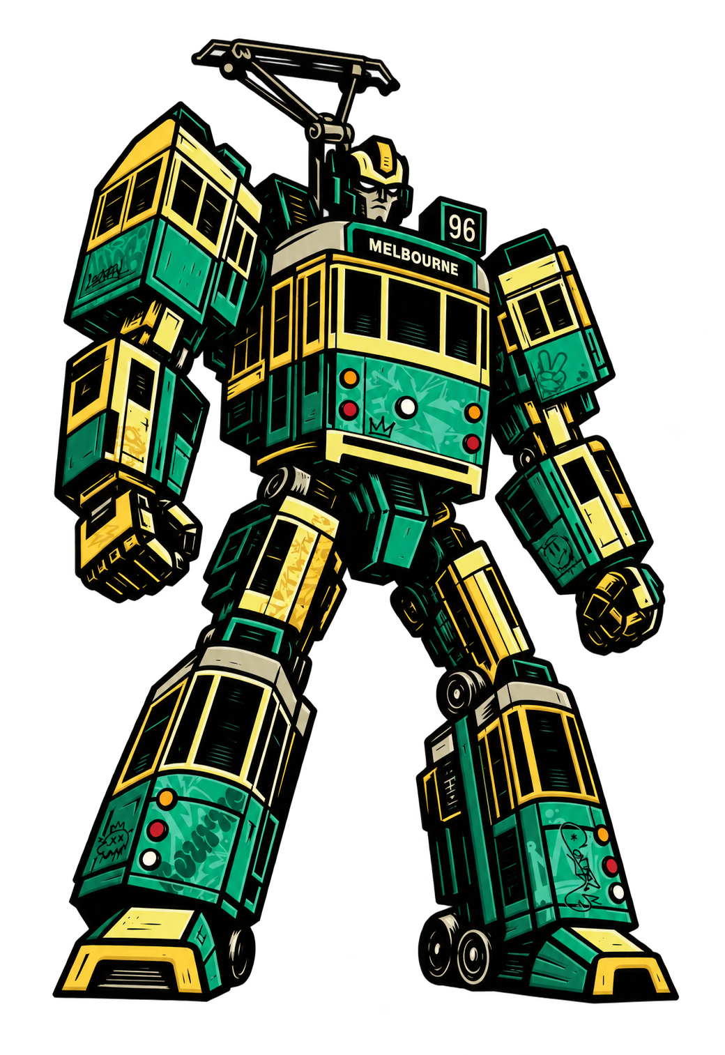 Illustrated Melbourne tram robot in green and yellow