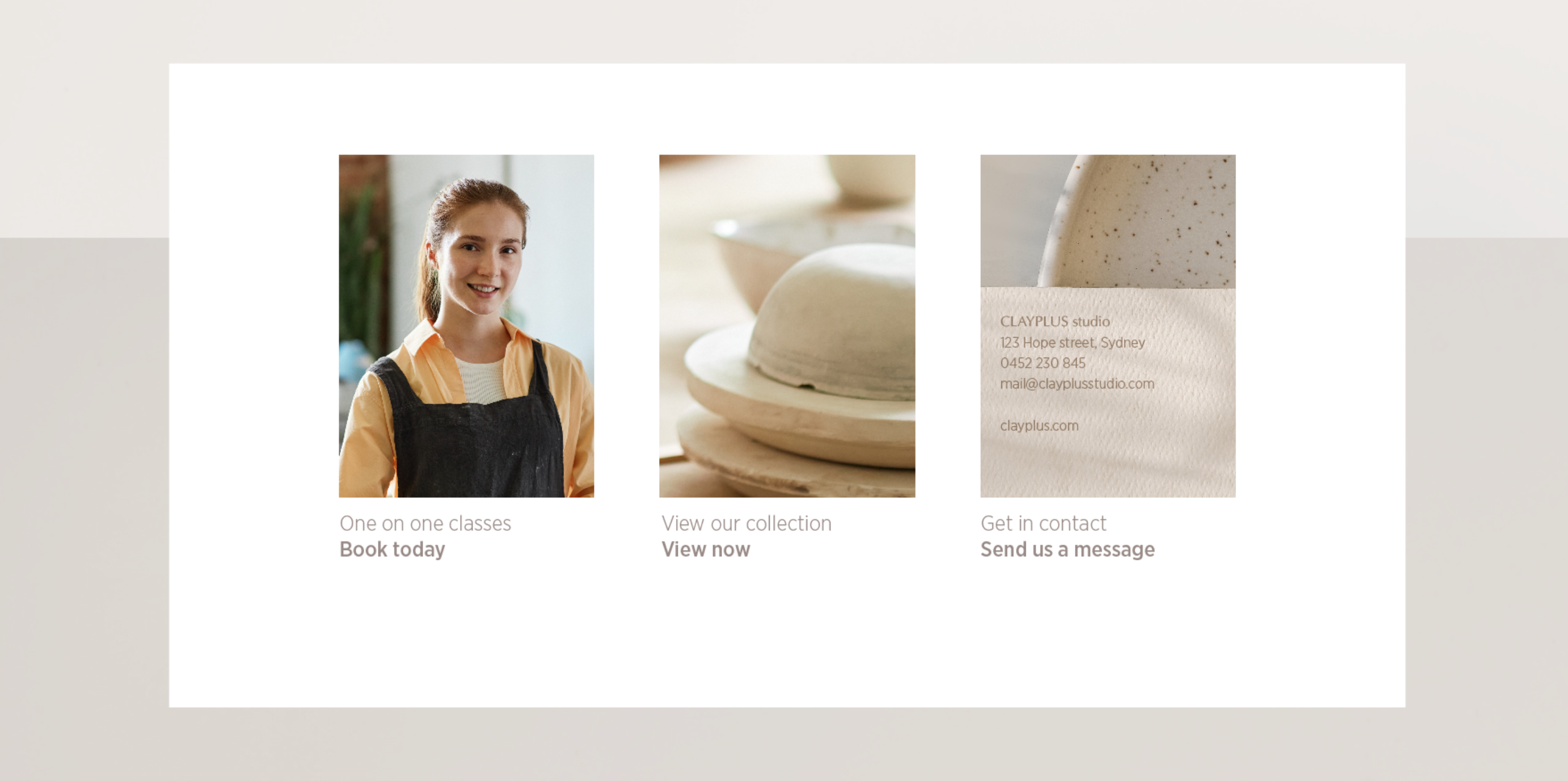 Clayplus website cards for classes, ceramics and contact