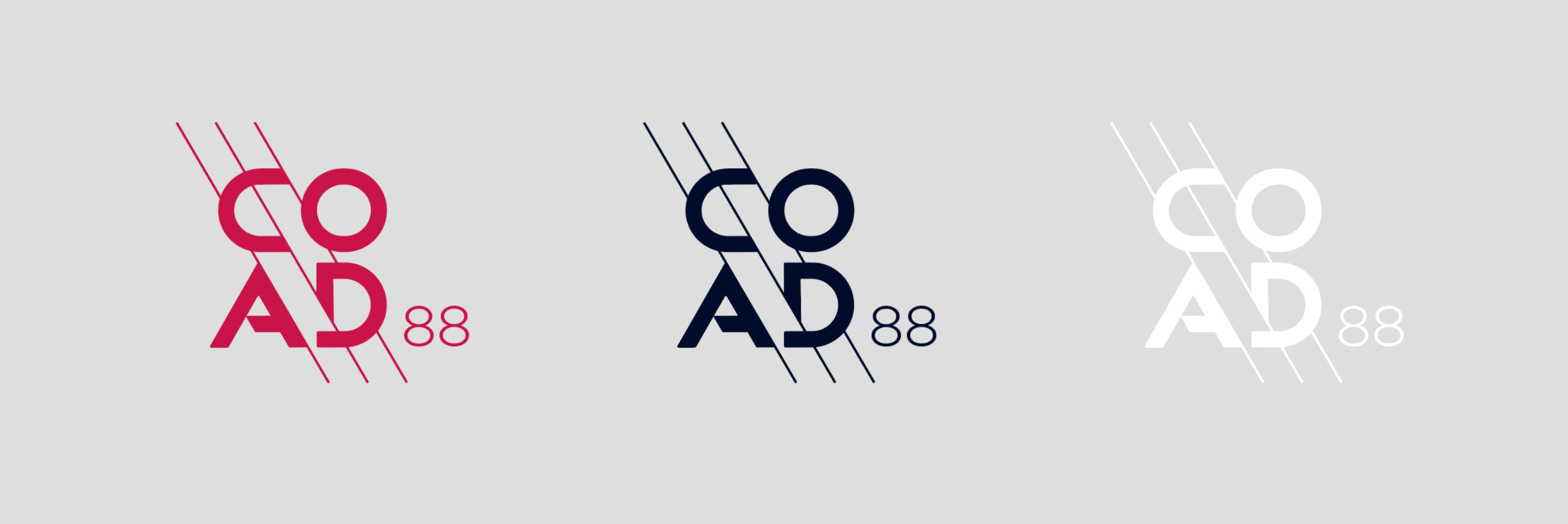 COAD88 logo shown in red, navy and white variations