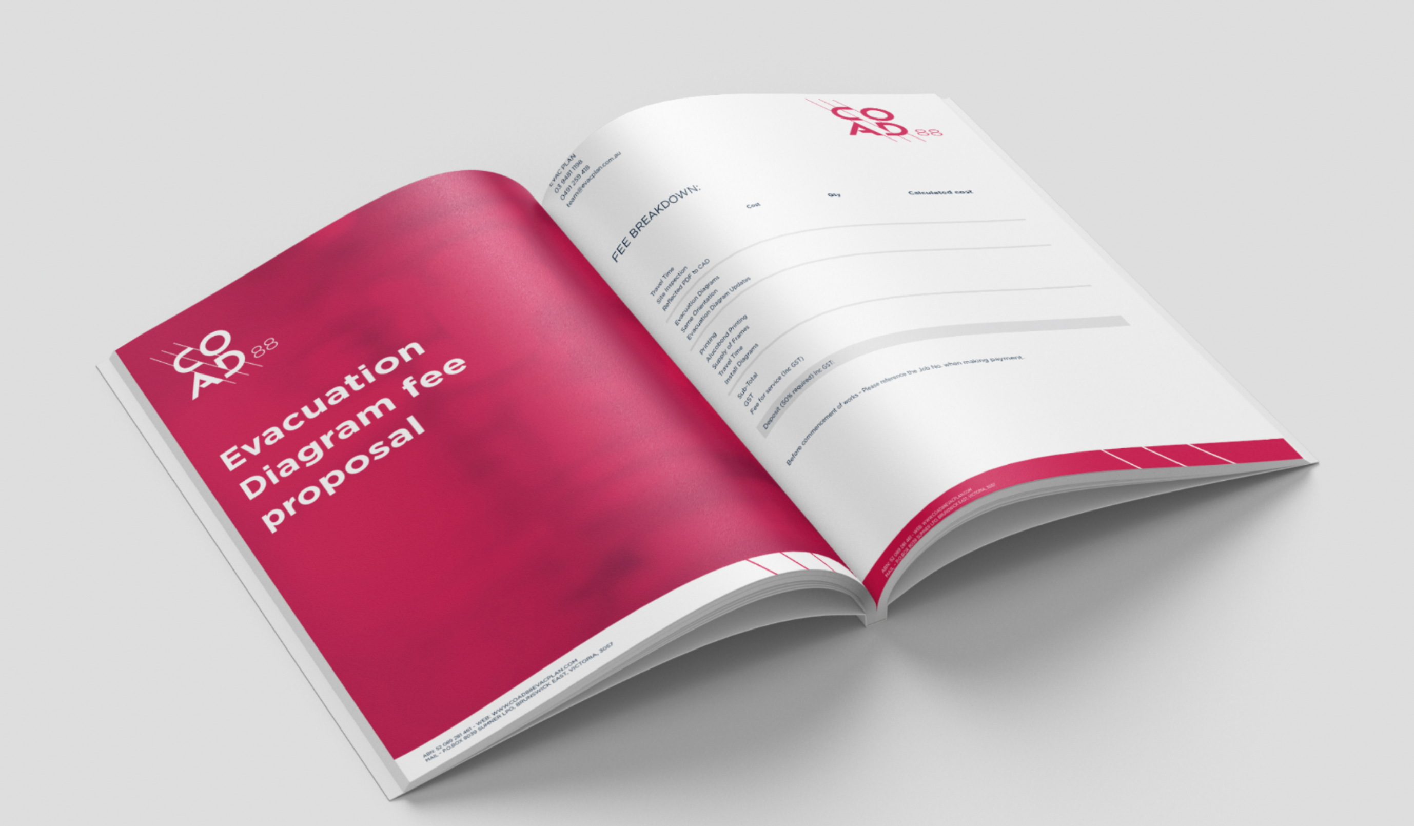 COAD88 evacuation diagram fee proposal booklet mockup