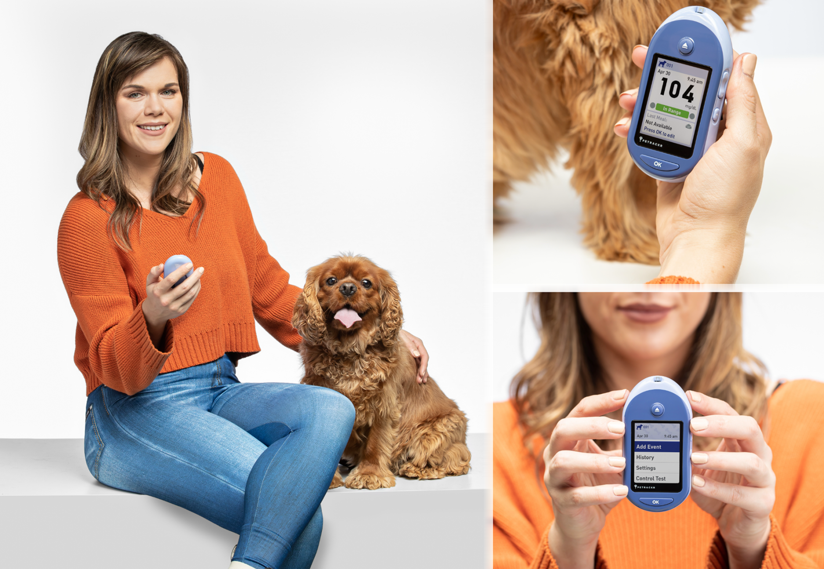 Pet owner and dog using the Petrackr glucose monitor