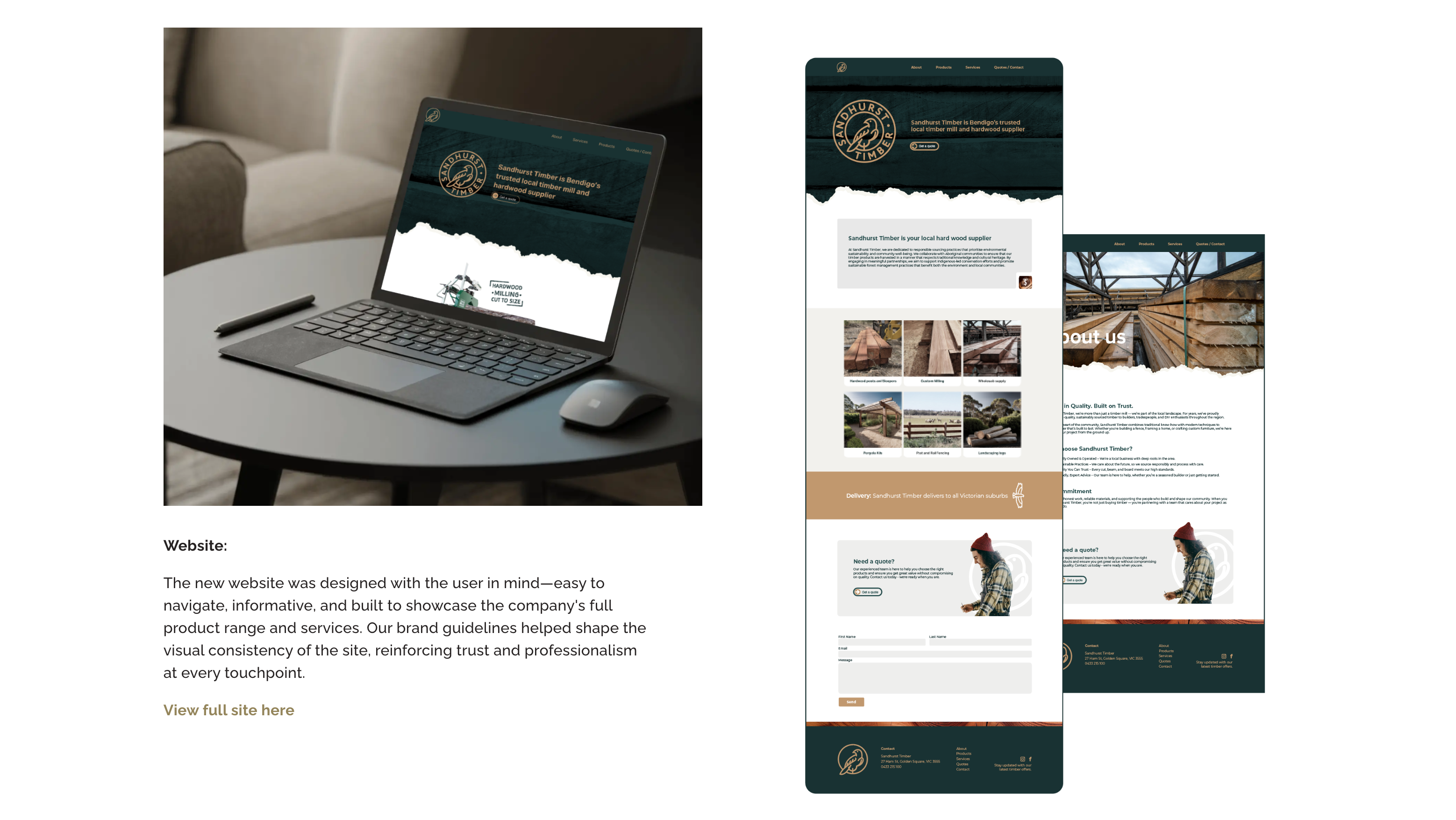 Responsive Sandhurst Timber website design shown on laptop, desktop and mobile layouts